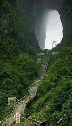 a scenic view captures a long, winding staircase leading towards a natural arch within a mountain in zhangjiajie, china. the greenery of the mountainside contrasts with the stone of the staircase and the arch itself. people are seen making their way up and down the steps.