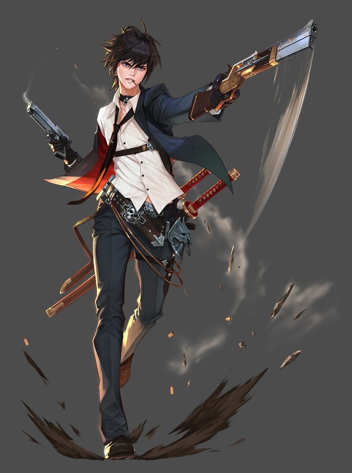 this is a digital illustration of an anime character wielding a pair of pistols and two katanas. he is running through a street, leaving debris and dust in his wake. the character's pose and expression are very dynamic and actionpacked.