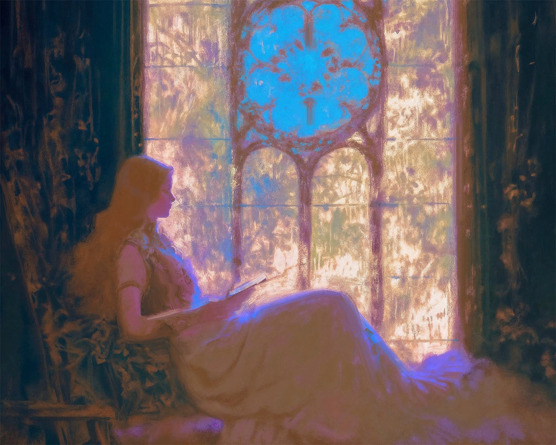 a woman sits in a chair by a window, reading a book. the light from the window illuminates her face and the book. the window is stained glass with a blue round shape in the center, casting a blue light over the room. the woman's dress is white and flowing, and her hair is long and flowing as well. the painting is in a painterly style and the colors are soft and muted. the painting has a romantic and dreamy feel.
