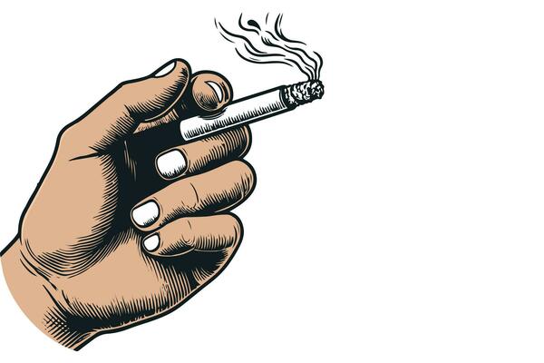 the image shows a stylized illustration of a hand holding a lit cigarette. the hand is depicted in a light brown color with detailed line work to create a sense of texture. the cigarette is white with a burning end, and wisps of smoke rise from it. the background is plain white.