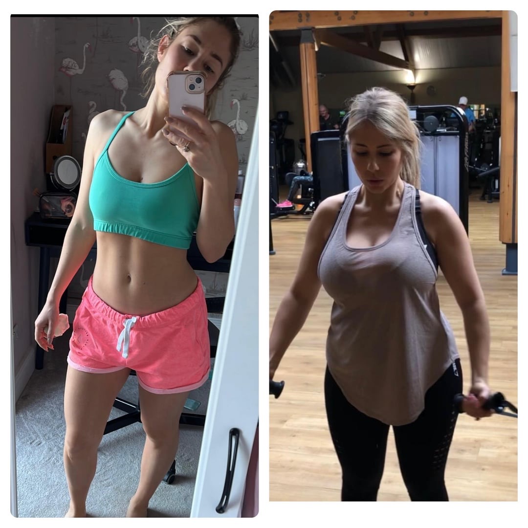 the image is a beforeandafter photo showcasing a woman's fitness transformation.  the left side shows a leaner woman in a teal sports bra and pink shorts, taking a selfie in what appears to be a home bedroom. the right side depicts the same woman, seemingly larger and with more muscle mass, working out in a gym wearing a taupe tank top and black leggings. she is using resistance bands. the contrast highlights the visible changes in her physique, suggesting a period of weight training and physical conditioning. the overall message is one of positive body transformation through exercise.