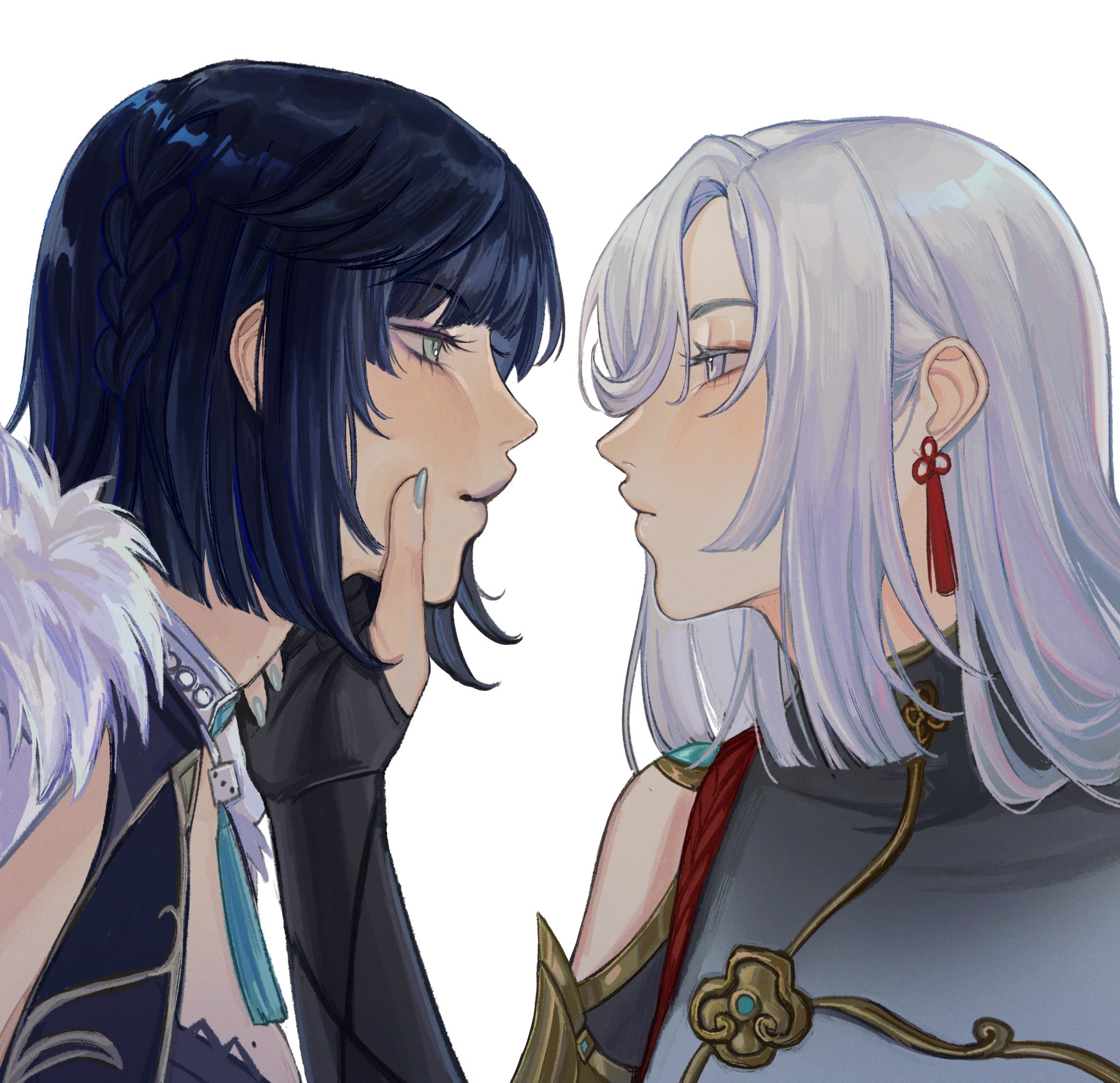 two anime girls are looking at each other. the girl on the left has black hair and the girl on the right has white hair. they are both smiling and look like they are in love.