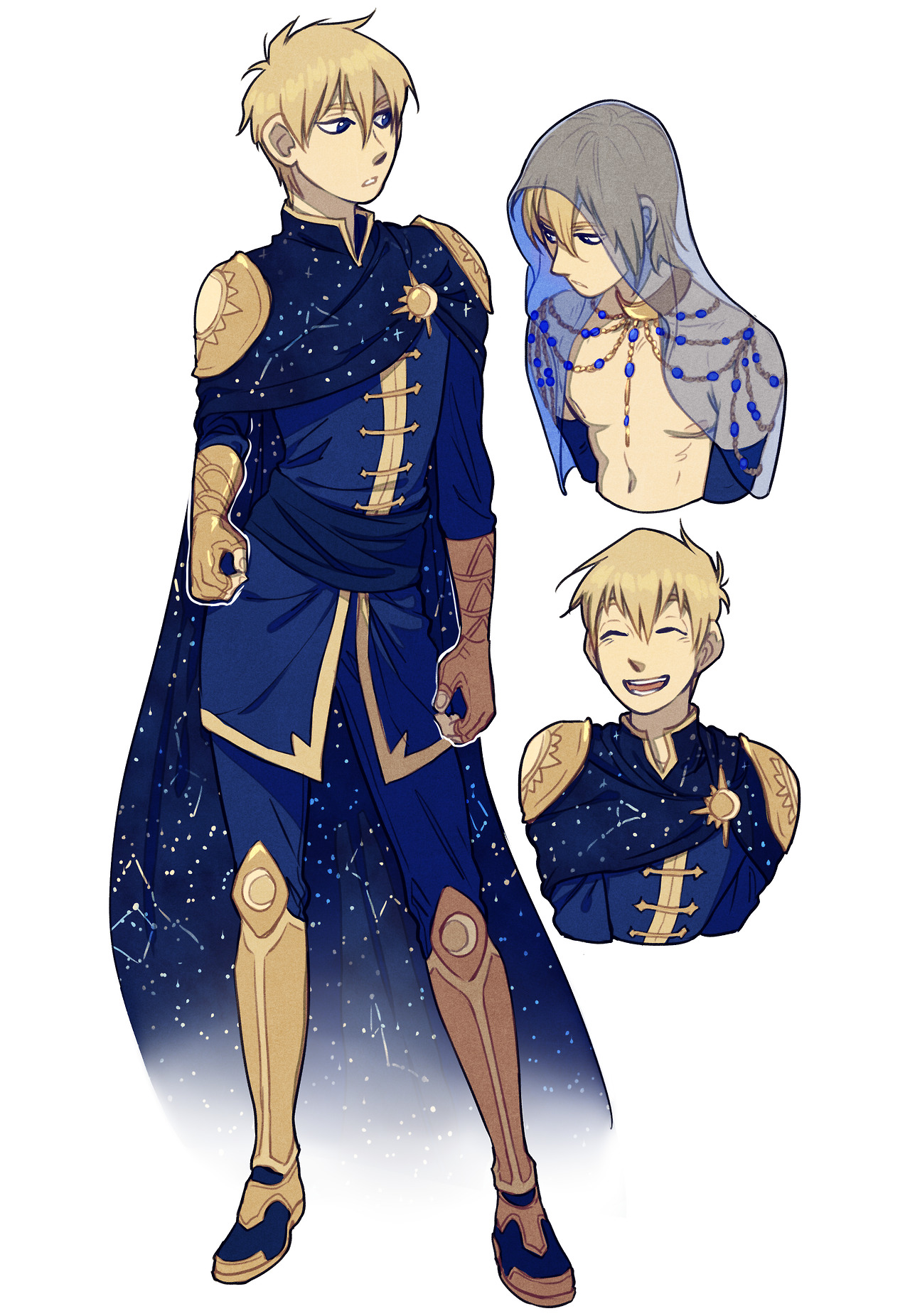 the image showcases a character design of a young, blonde man dressed in an elaborate, celestialthemed outfit. he is presented in three different poses and expressions, offering a glimpse into his personality. his attire, primarily blue and gold, incorporates motifs of the sun, moon, and stars, hinting at a connection to cosmic elements. the soft lighting and white background focus attention on the character and his intricate attire.