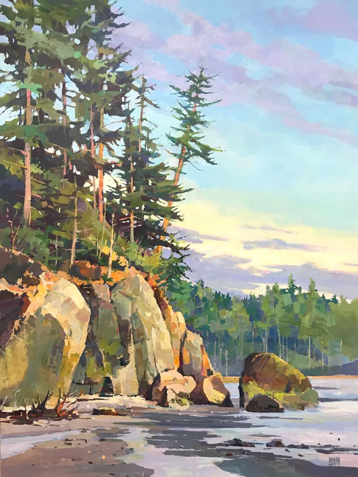 a vibrant painting depicts a coastal scene with a lush forest meeting the shoreline. tall, evergreen trees stand atop rocky cliffs that descend to a beach. the water reflects the sky and surrounding elements, with large rocks protruding from the water's surface. the sky is a mix of blue and soft clouds, hinting at either sunrise or sunset. the overall atmosphere is one of serene wilderness.