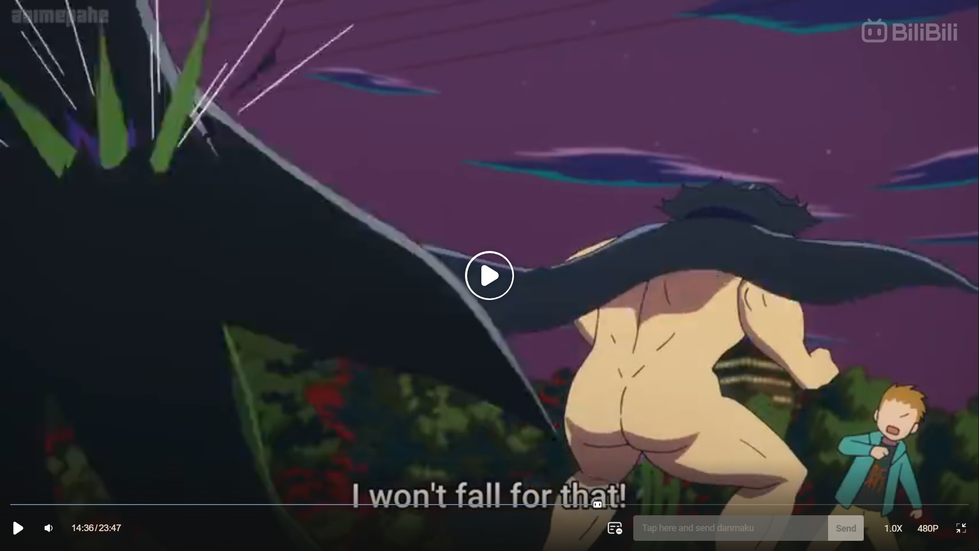 a screenshot of an anime scene. it's nighttime and two male characters are facing each other. the character in the front is naked with his back to the camera. the other character has blond hair and is wearing brown pants and a red jacket.kw: fighting, action, anime, cartoon```