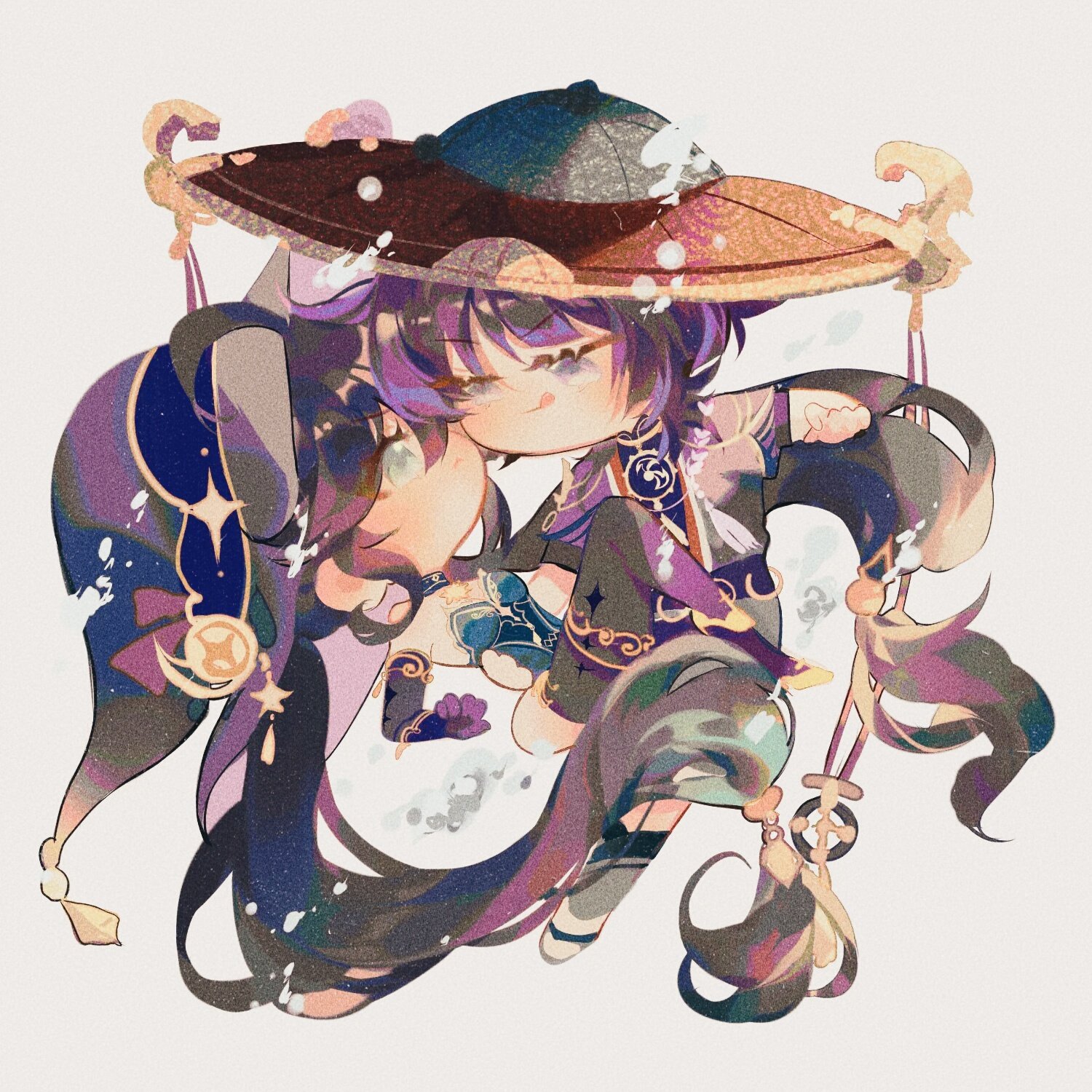 the image is a digital painting or illustration in a chibi style, featuring two characters seemingly from the video game genshin impact.  one character, possibly yae miko, is wearing a large, brown hat and purple robes with gold accents. they're embracing another character, possibly sangonomiya kokomi, who has long purple hair and a more whimsical outfit. both characters are rendered in a soft, pastel color palette with a slightly watercolorlike texture.  the overall style is sweet and affectionate, emphasizing the closeness of the characters.  the background is a simple light offwhite.