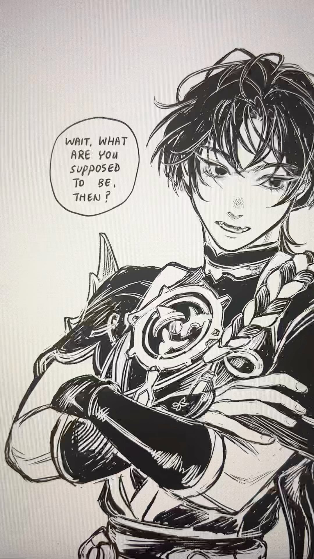 a black and white ink drawing of a young animestyle male character. he has dark, styled hair and is wearing a complex outfit with mechanical or gearlike details. his expression is somewhat serious and mysterious. a speech bubble above him contains the text "wait, what are you supposed to be, then?". the style is reminiscent of manga or anime illustration, with a focus on detailed linework and shading.