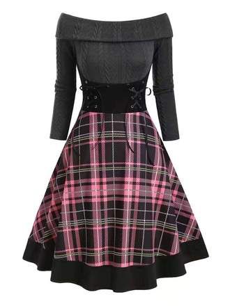 a black and pink plaid offshoulder dress with long sleeves and a laceup corset. the dress is fitted at the waist and flares out at the hem. it has a vintageinspired style and is perfect for a party or special occasion. the dress is also very flattering on the body and can be dressed up or down.