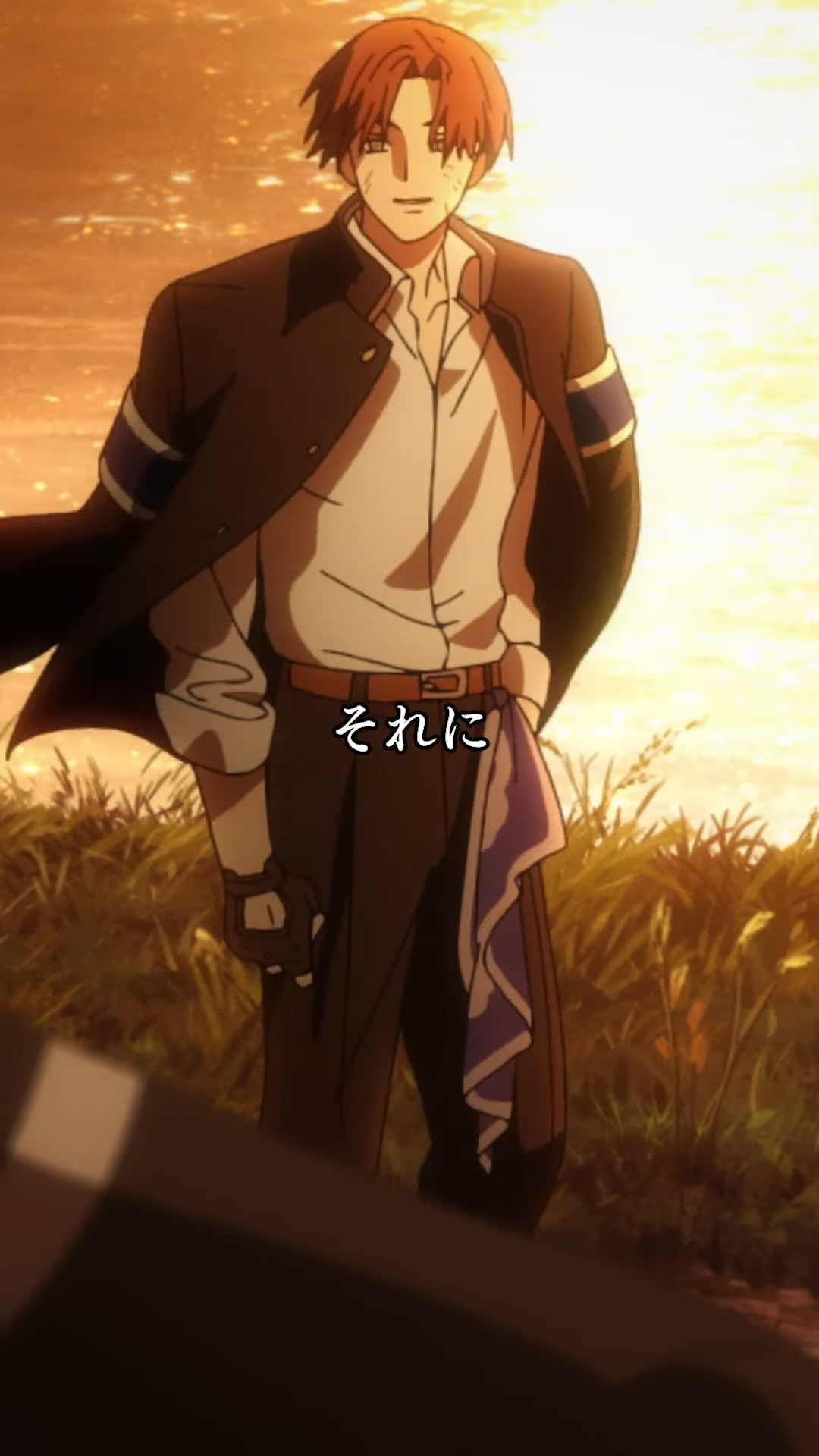 an anime man with short, reddishbrown hair and blue eyes stands in a field with tall grass. the sun is setting behind him, casting a warm, orange glow on the scene. he's wearing a dark blue jacket, white shirt, and black pants with a blue cloth tied around his waist.  his expression is serene, almost melancholic. the image evokes a sense of peace and contemplation.