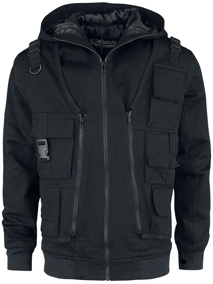 a black hooded jacket with multiple zippered pockets and a utility style. the jacket has a casual and streetwear aesthetic. it features a black background with contrasting zipper accents and a ribbed hem. the sleeves are long with ribbed cuffs. the jacket has a relaxed fit.  the image shows a closeup view of the front of the jacket.