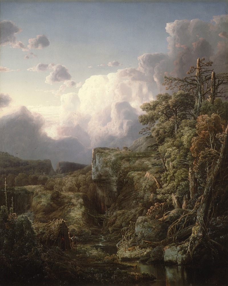 the image shows an oil painting of a wilderness landscape with a stream or river running through a valley. a large cliff stands on the right side of the image, with various trees and plants growing on and around it. the sky is filled with numerous large, billowing clouds, casting an overcast light over the scene. a small hut can be seen near the left side of the painting, seemingly nestled among the trees. the painting has a naturalistic style with fine details that suggest a scene from the past.