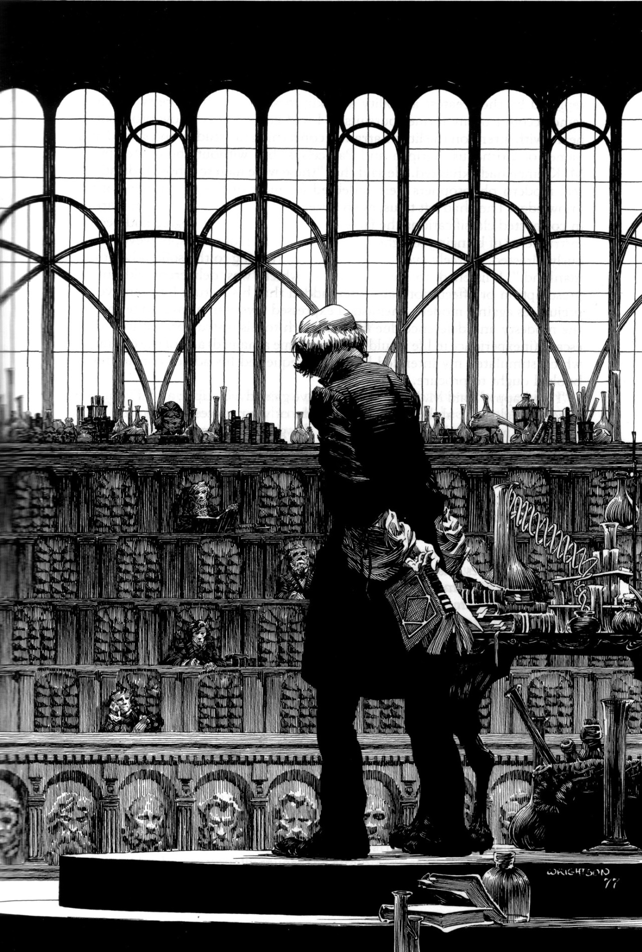 a black and white illustration of a man in a long coat standing in a gothicstyle building. the man is looking out of a large window with arched panes. he is holding a book in his left hand and has a dog by his side. the room is filled with shelves of books and scientific equipment. the image is highly detailed and has a dark, dramatic atmosphere.