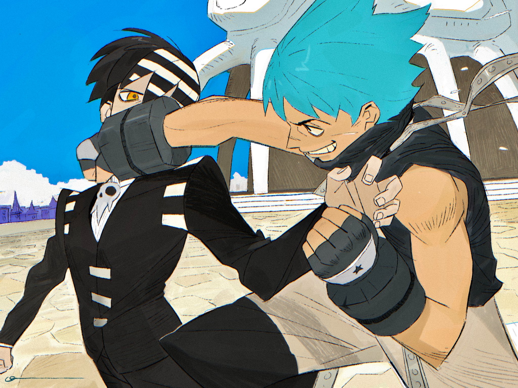 two characters, one in a black and white suit with a skull, and the other with blue hair wearing a black mask are engaged in a fight. the character in the black and white suit is holding a sword that is not visible, while the character with blue hair is punching the character in the suit.  both characters are wearing black gloves and have determined expressions.  the background is blurred and features a stone structure.