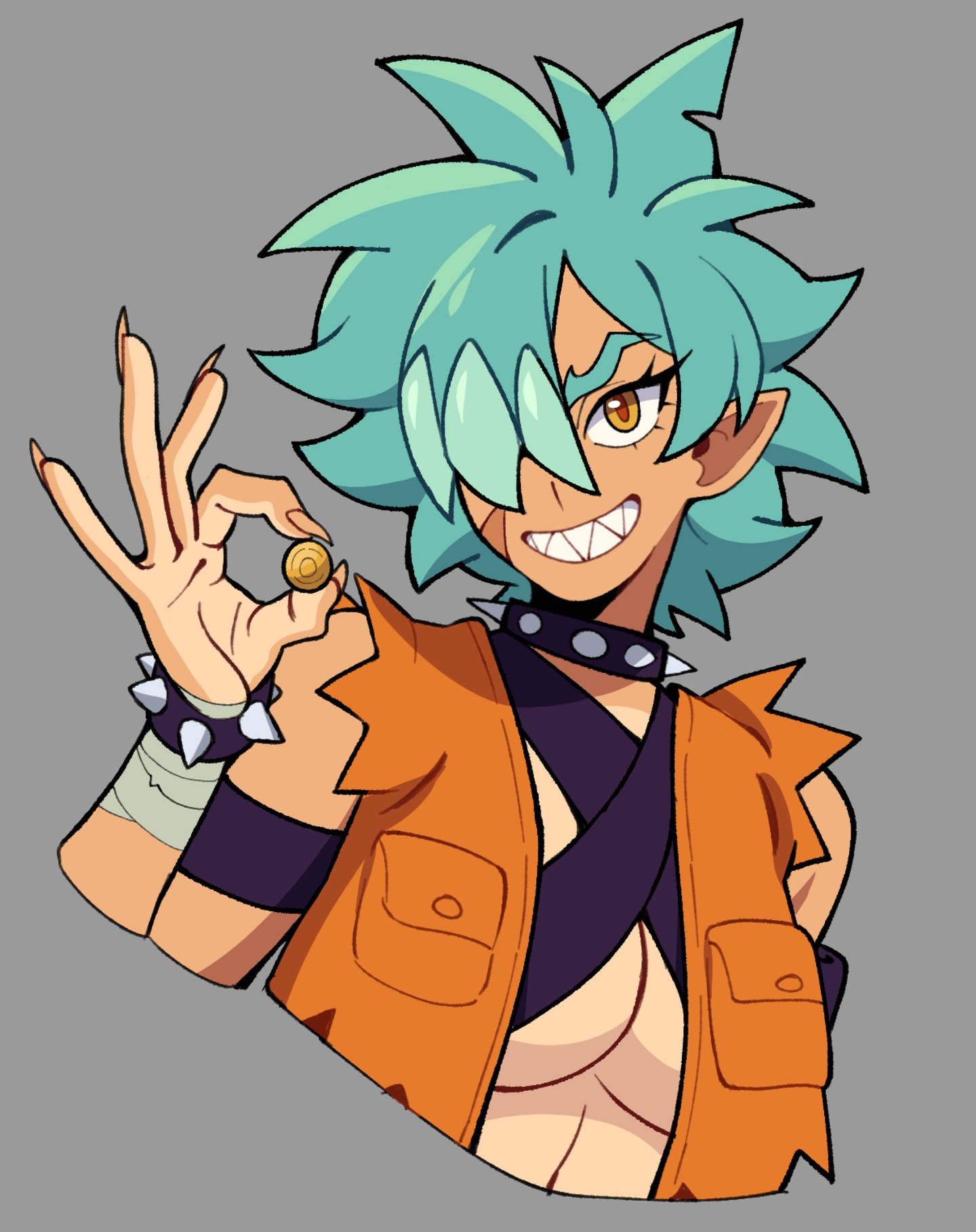 the image is a digital drawing of an animestyle male character. he has teal, spiky hair and tan skin.  he's wearing an orange vest with pockets, a dark purple sash, and a studded bracelet. he's also wearing bandages on his forearm. the character has a sharp, mischievous grin and is holding a small gold coin, making an "ok" sign with one hand. the art style is vibrant and stylized, leaning toward a more cartoonish and energetic look. the background is a plain grey.
