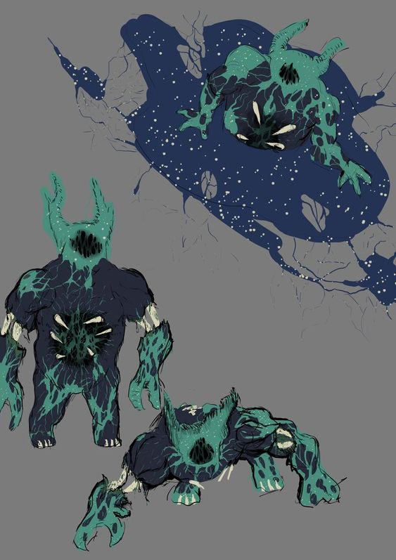 the image showcases three different poses of a monstrous creature design. it has a hulking, bearlike body covered in a dark, slimy substance with patches of exposed bone. its head is a gaping maw filled with sharp teeth, and it sports two antlerlike protrusions. one of the poses depicts the creature emerging from a dark, starry portal, adding to its eerie and otherworldly nature. the overall color palette leans towards dark greens, blues, and grays, enhancing the unsettling atmosphere.