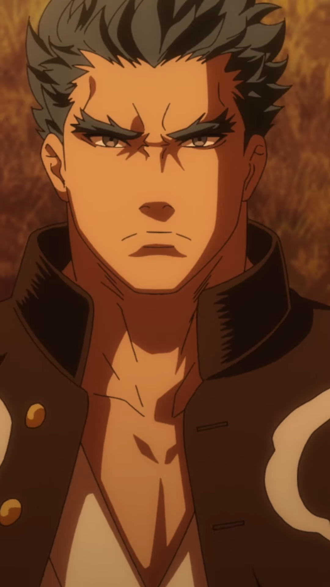 the image shows an anime character. he has short, dark blue hair and a serious expression. he is wearing a black jacket with gold buttons. the background is a warm, golden color. the man's face is welllit, and the image has a shallow depth of field.