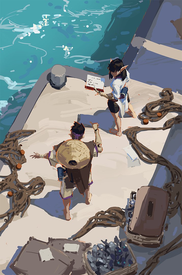 the image is a digital painting depicting a fantasy scene on a boat's deck. two characters, a woman who appears to be an elf, and a man, are interacting. the elf is reviewing a document while the man seems to be inspecting something near the ropes and nets.  the boat is by the ocean, and there are various items on the deck, including boxes, crates, possibly containing shellfish or seafood, and a significant amount of fishing gear. the style is painterly and whimsical, with a blend of fantasy and realism, showcasing bright colors and soft shadows suggesting a sunny day. the scene is rich in detail and invites interpretation of a narrative possibly related to travel, adventure, or a trading journey.