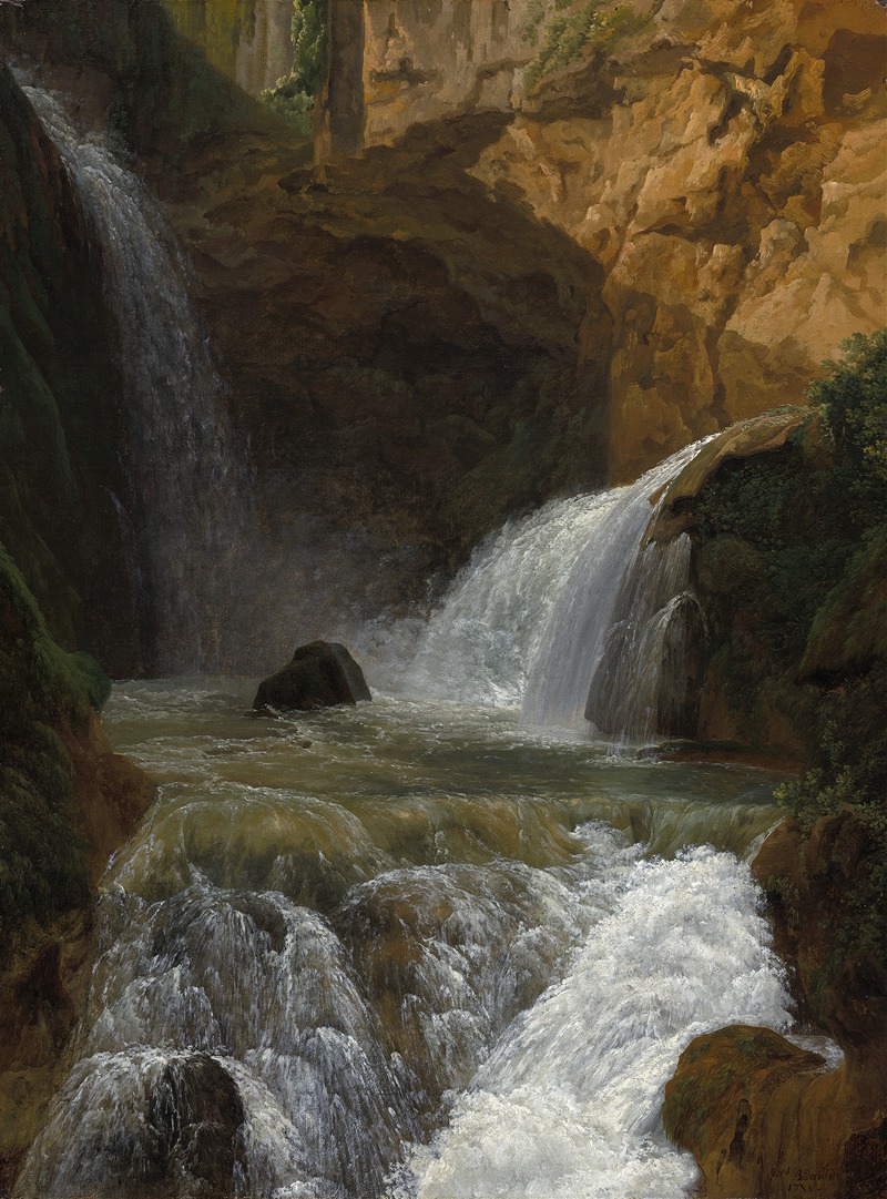 the image is a painting of a natural landscape featuring a cascading waterfall. multiple tiers of the waterfall are visible, with water rushing over rocks and cliffs. the surrounding environment includes lush greenery and various rock formations. the overall impression is one of dynamic movement and natural beauty.