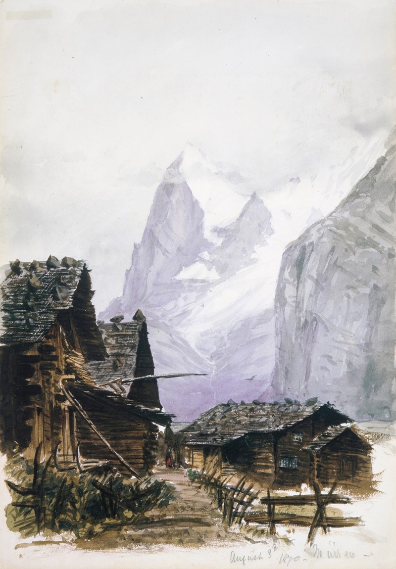 the image is a watercolor painting of a mountain village nestled in the swiss alps. the scene depicts several wooden houses with distinctive rooftops. a path leads through the village, bordered by a wooden fence on one side. in the background, imposing snowcapped mountains rise majestically, partially obscured by clouds. a small figure is seen walking along the path. the date august 3rd, 1870, and what appears to be the artist's signature, are inscribed in the lower right corner.