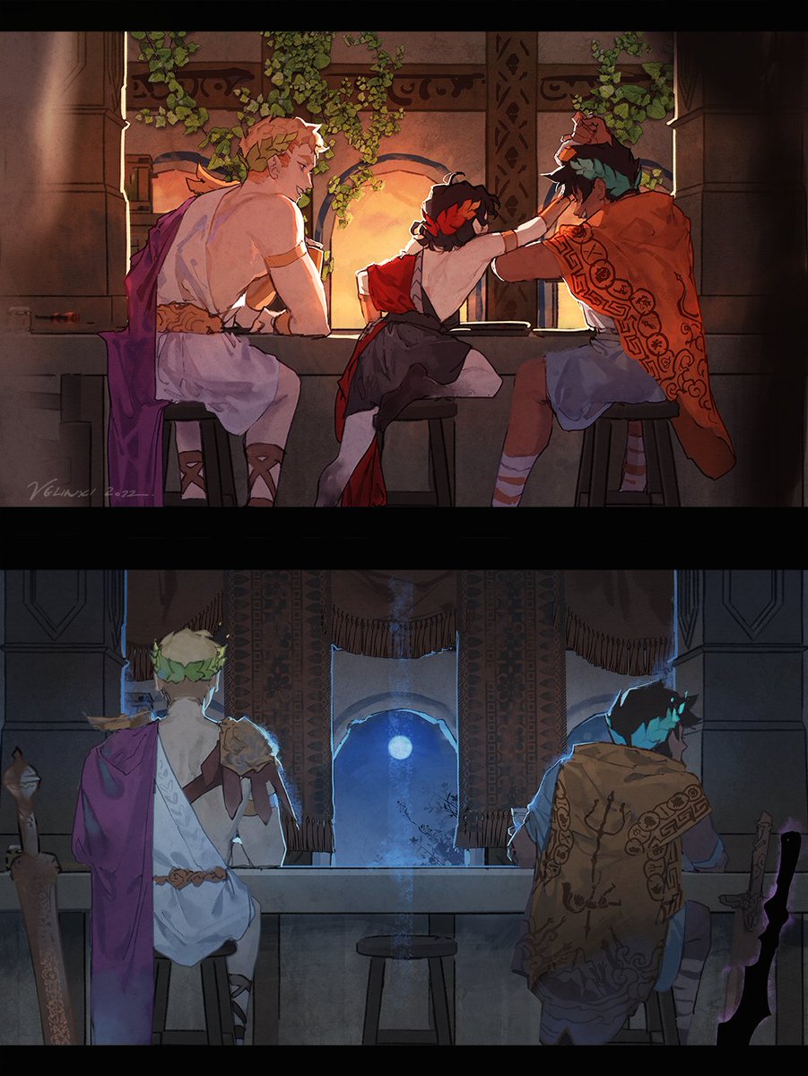 the image is split into two panels, showing the same scene at different times of day. the top panel is during the daytime, with apollo and thanatos sitting at a bar. zagreus is leaning over, apparently touching thanatos' head. the bottom panel is at night, showing apollo and thanatos sitting at the same bar, but now looking out the window at the moon. there are swords leaning against the bar on either side.