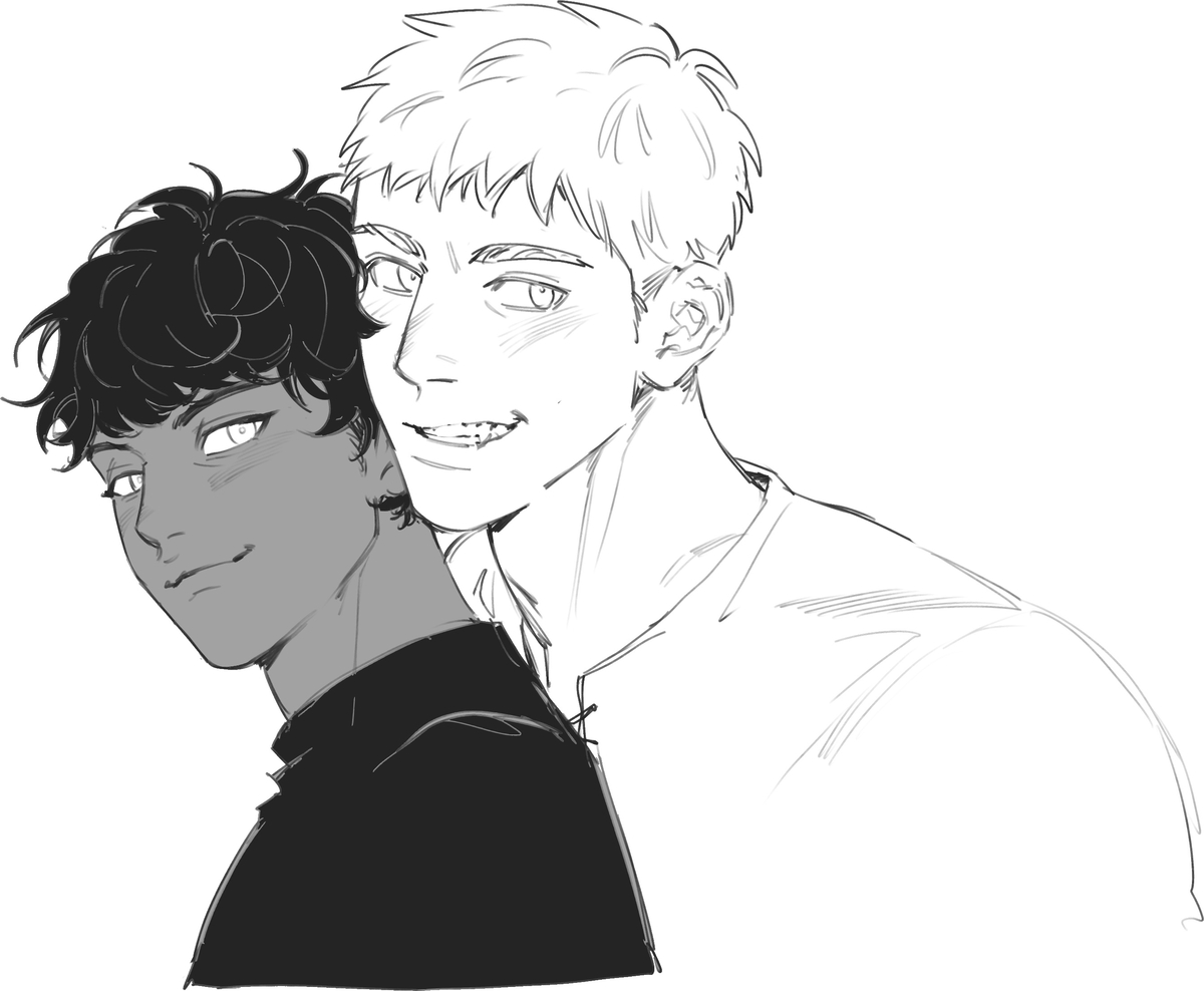 this is a black and white illustration of two anime males. the one on the left is darkerskinned with black hair, and he is looking towards the right. the one on the right is lighterskinned with white hair, and he is looking towards the left. the one on the left is closer to the viewer and is partially in front of the one on the right. the one on the right is partially obscured by the one on the left. they are both smiling and appear to be close friends or lovers.