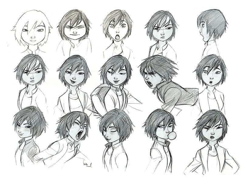 this image is a black and white character expression sheet featuring a young male character, likely for animation.  he is shown in a variety of poses and with different expressions, showcasing a range of emotions from happy to angry to surprised. the drawings focus on capturing his facial expressions and body language, with some attention to costume details.  this type of sheet is used by animators to understand how a character's features move and to ensure consistency in their portrayal.