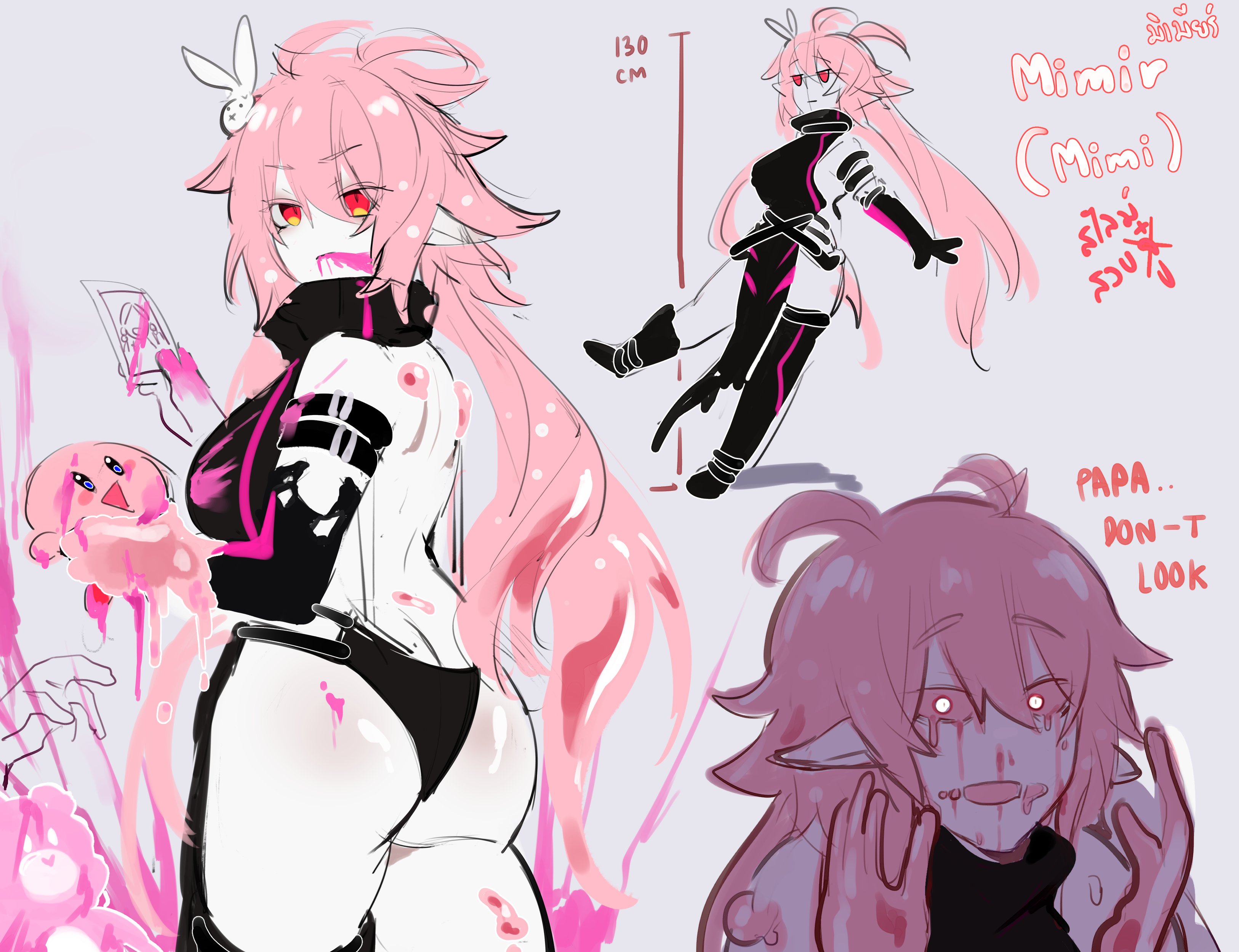 a digital drawing of an anime girl with pink hair and red eyes, wearing black clothes and covered in pink,  bloody goo. she has a shy and blushing expression. the drawing is in a manga style and is full of messy, energetic lines. in the background, there is a smaller illustration of a character that says "don't look" in a speech bubble.
