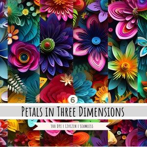 the image is a collage of vividly colored, threedimensional floral designs. each flower appears to be crafted with a paper quilling technique, creating depth and texture. the color palettes vary, with flowers in shades of purple, pink, blue, red, orange, and yellow, often combined with contrasting greens and darker tones for emphasis. the flowers are arranged in vertical columns, and a banner at the bottom reads "petals in three dimensions" along with details about resolution and seamless design. the overall impression is artistic, decorative, and visually striking.