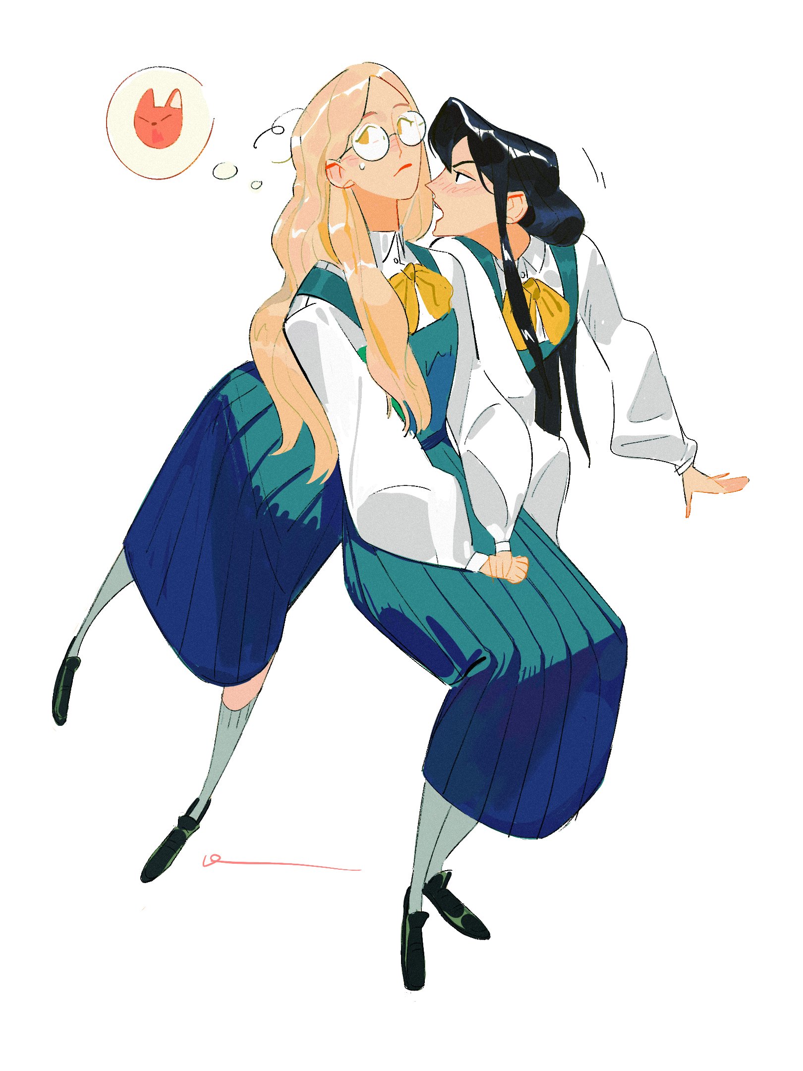 this is a cute drawing of two anime girls. one girl is blonde with glasses and is wearing a white shirt, green skirt and blue socks. the other girl has long black hair and is wearing a white shirt with a green skirt and blue socks. they are hugging and kissing in a school uniform.