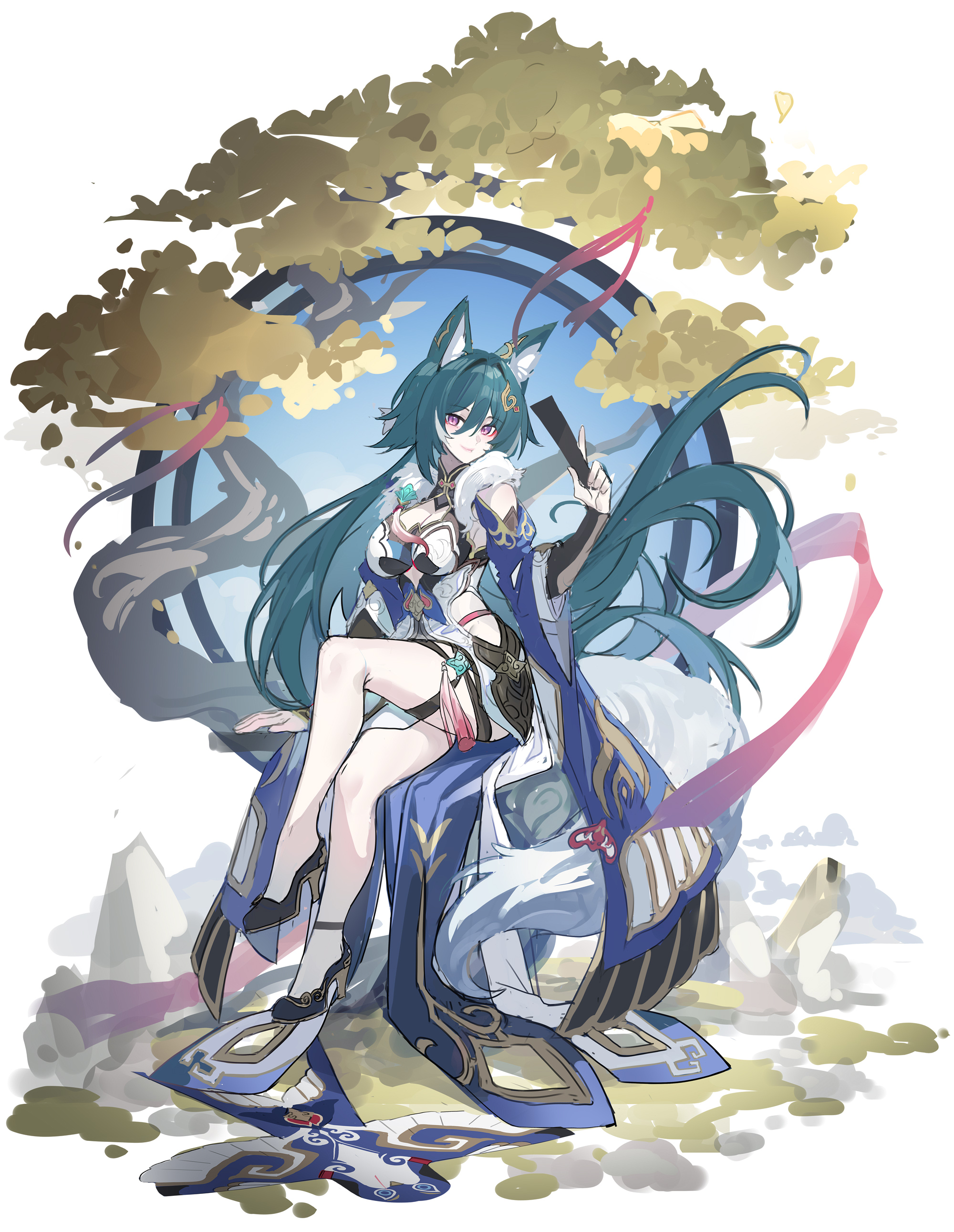 this is a digital illustration of yae miko, a popular character from the video game genshin impact. she is depicted as a beautiful woman with fox ears and a long flowing green hair. she is wearing an elegant blue and white outfit, sitting gracefully on a cloudlike formation in a natural setting. a large, stylized tree with golden leaves frames her from behind.  the overall style is reminiscent of anime and fantasy art.