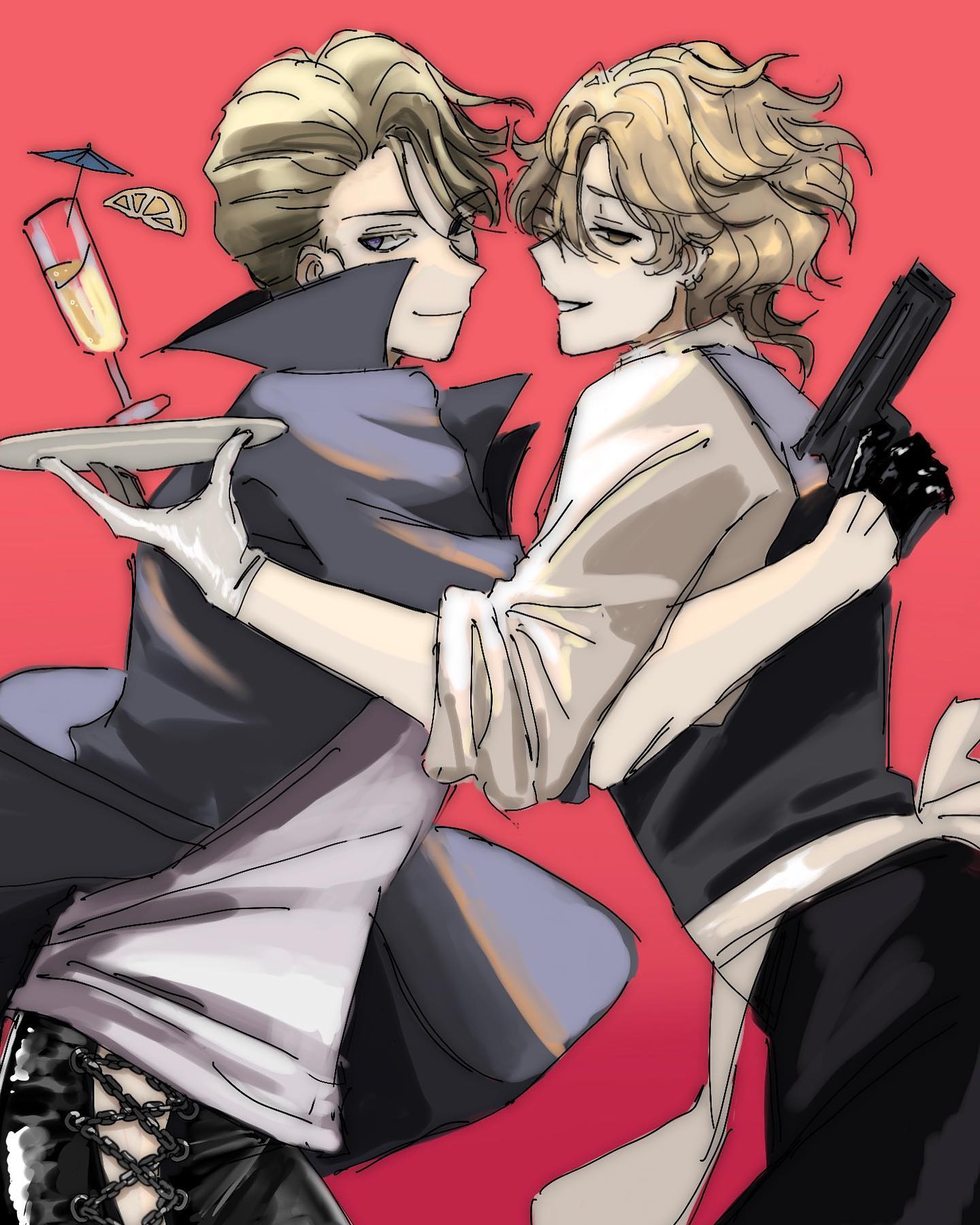 this image shows two anime men, one in a black suit and the other in a white shirt and black pants. the one in the suit is holding a glass of drink while the other is holding a gun. they are hugging, looking lovingly at each other. the background is red.
