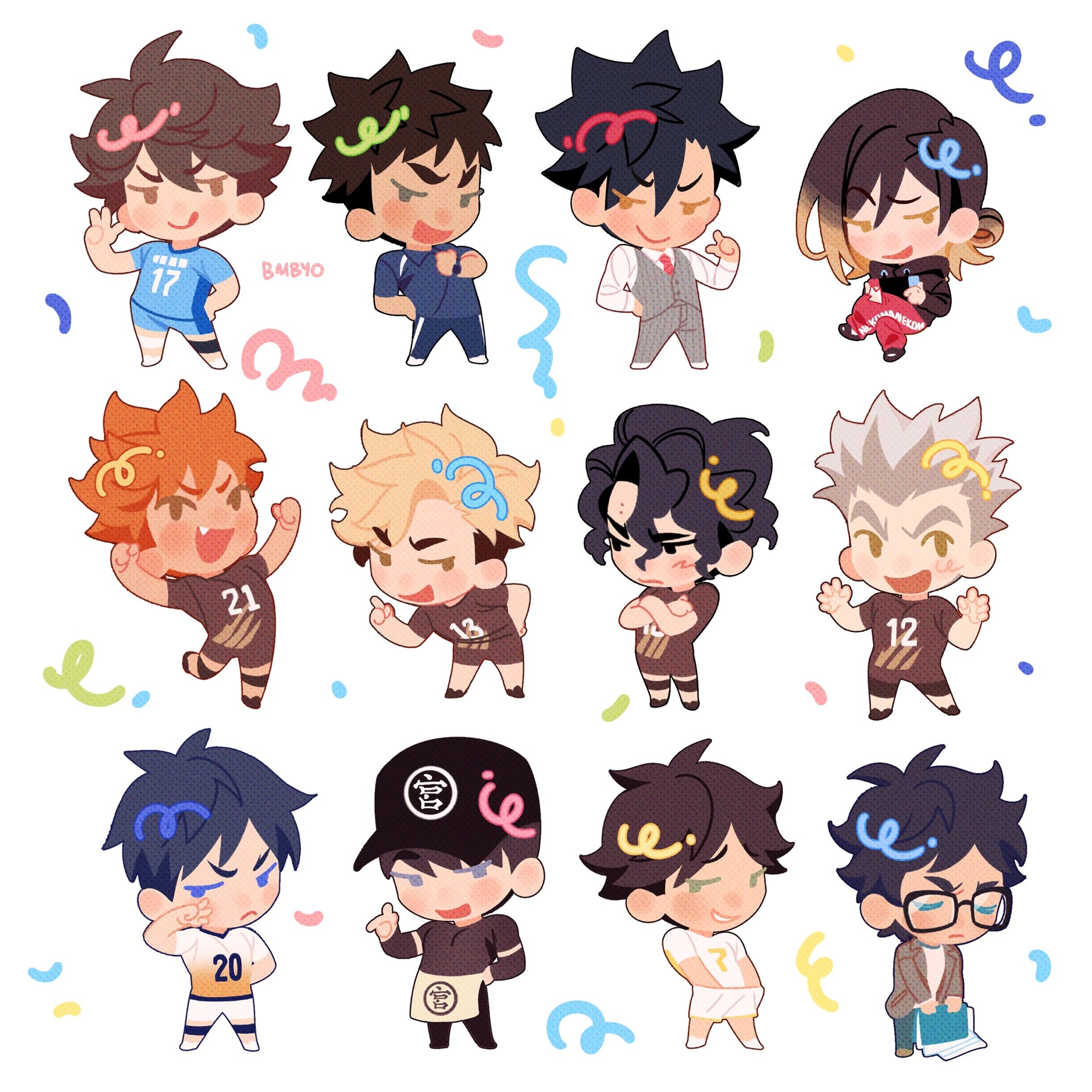 he image contains twelve chibistyle illustrations of animeesque boys.  each boy is uniquely designed with different hairstyles, clothing (some in sports uniforms with numbers, others in casual attire), and expressions. they appear to be characters from a team, possibly a volleyball team given some of the uniforms. the style is cute and playful, with colorful confetti scattered around the characters.  the overall aesthetic is bright, cheerful, and suitable for merchandise like stickers or icons.