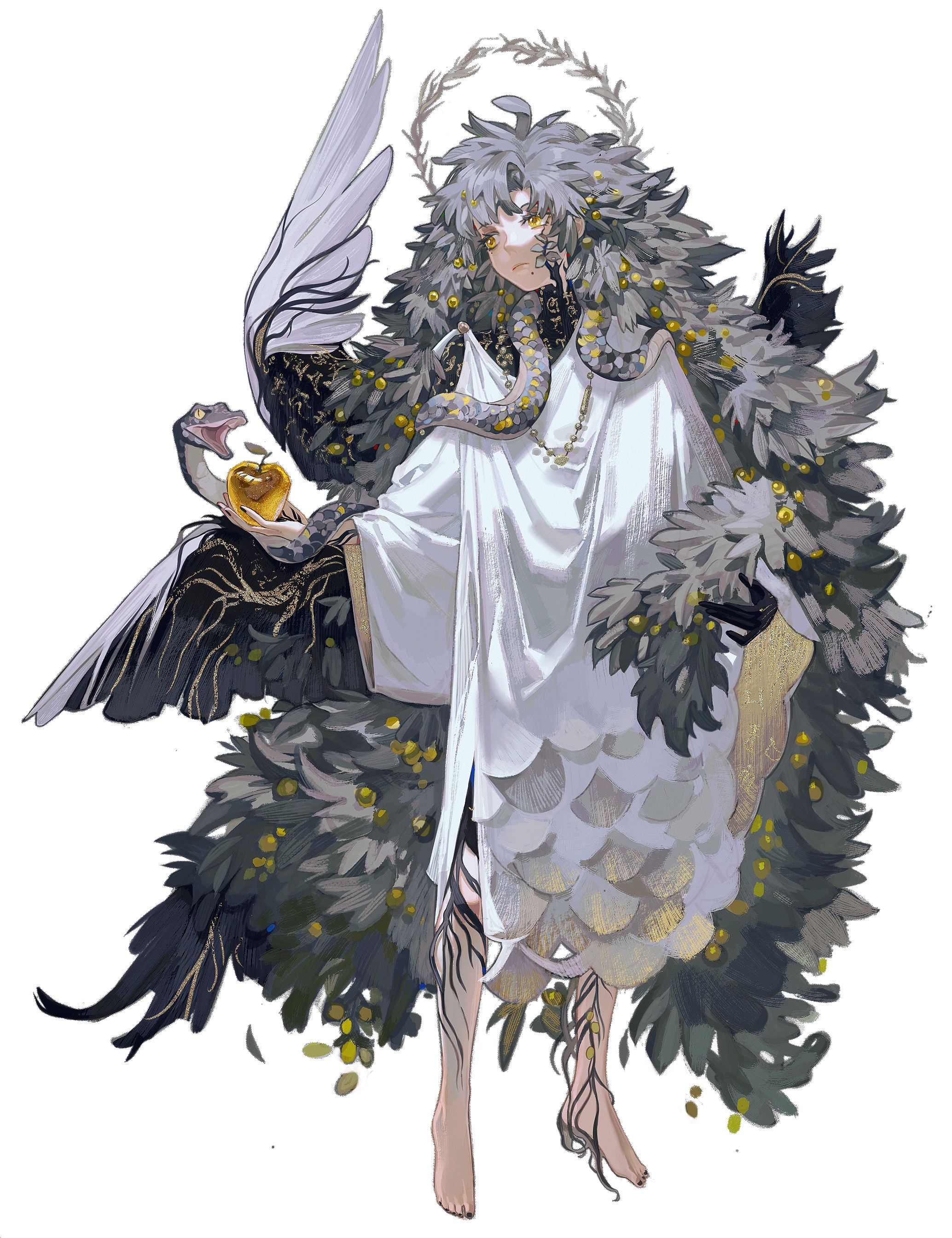 a stylized anime character standing with a white robe, with a snake wrapped around their waist, and flowers and trees around their body. they are holding an apple in their hand. they have large wings and a long flowing hair. the character is surrounded by gold and nature.
