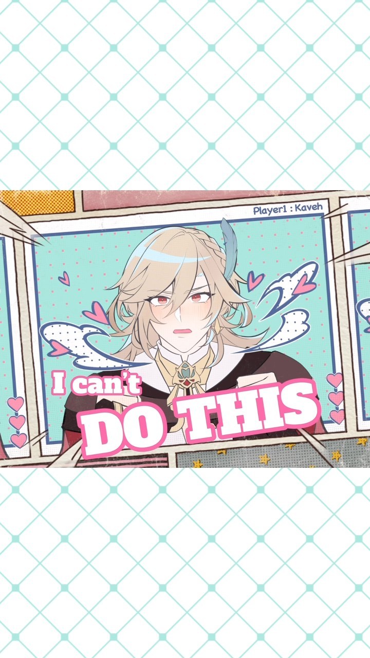 the image is a digital fanart of kaveh from the video game genshin impact.  he's depicted in a stylized comic book panel, blushing intensely and with an embarrassed expression.  large pink text overlaid on the panel reads, "i can't do this."  the art style is anime/mangainspired, using pastel colors and cute embellishments like hearts and swirls. the background outside the comic panels shows a pale aqua and white crisscross pattern. a small speech bubble in the upper right corner says "player1: kaveh".  the overall impression is a cute and humorous portrayal of a character in a potentially awkward or romantic situation.