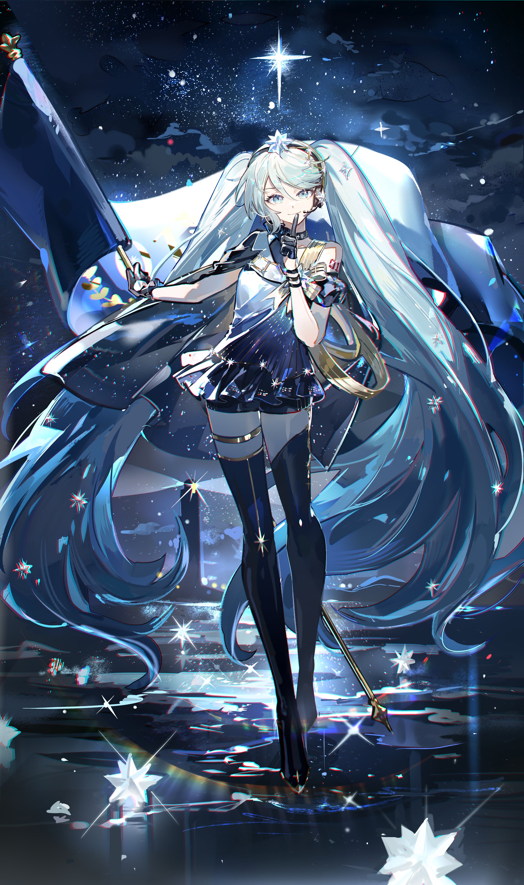 a beautiful anime girl with long blue twintails in a white and blue dress stands in a highly dynamic pose. the background is a starry night sky and the girl holds a flag. she wears thigh highs and boots. the art style is reminiscent of anime and features bright colors and dynamic lighting.  overall, the image evokes a sense of wonder and fantasy.