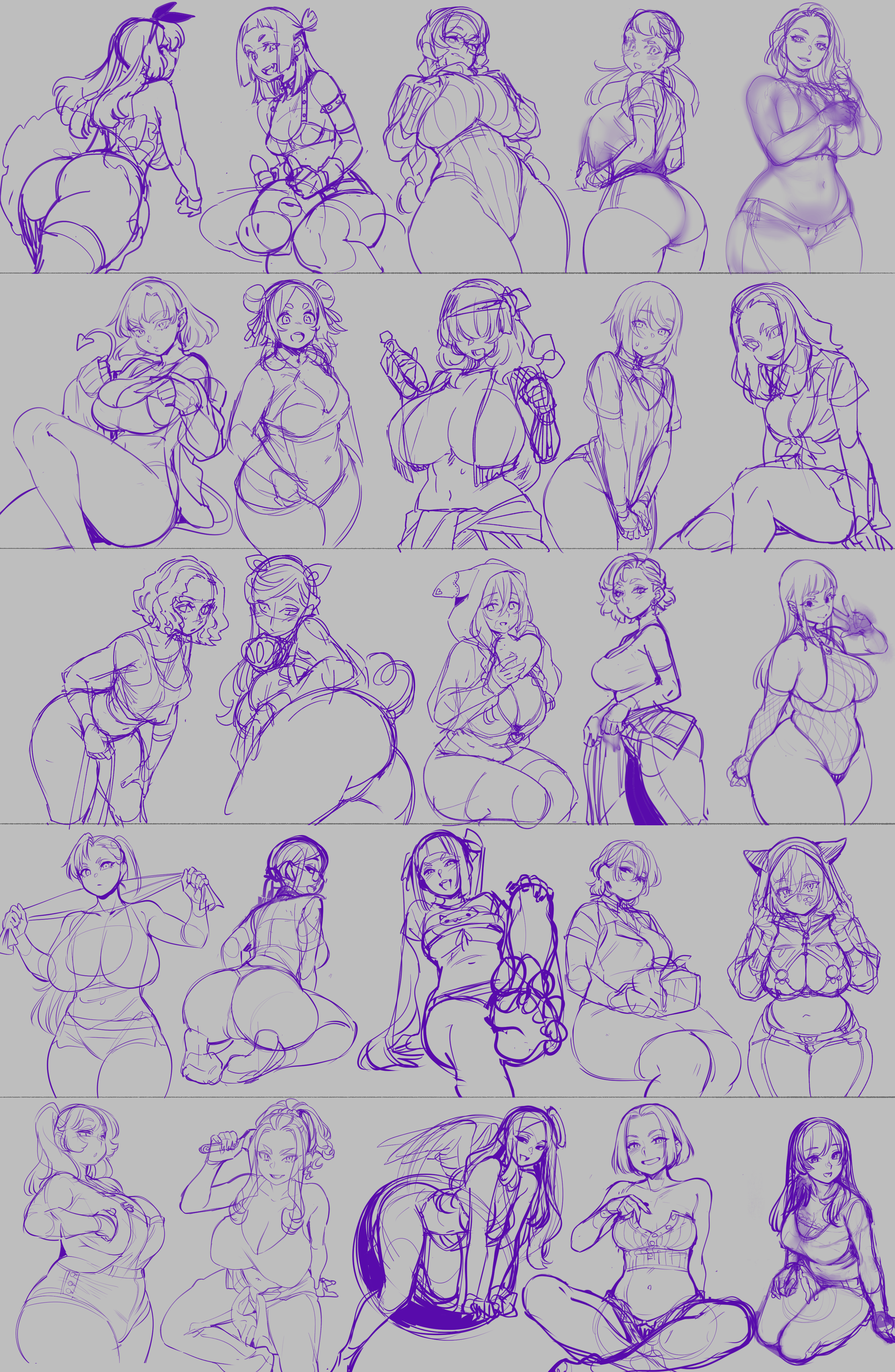 this image contains many different drawings of women. the drawings are all in the style of anime and are in various poses. they are all drawn in purple and appear to be sketches, or perhaps they are simply unfinished. the artist appears to have made a variety of sketches for design purposes, for instance, there are several variations of the same pose.