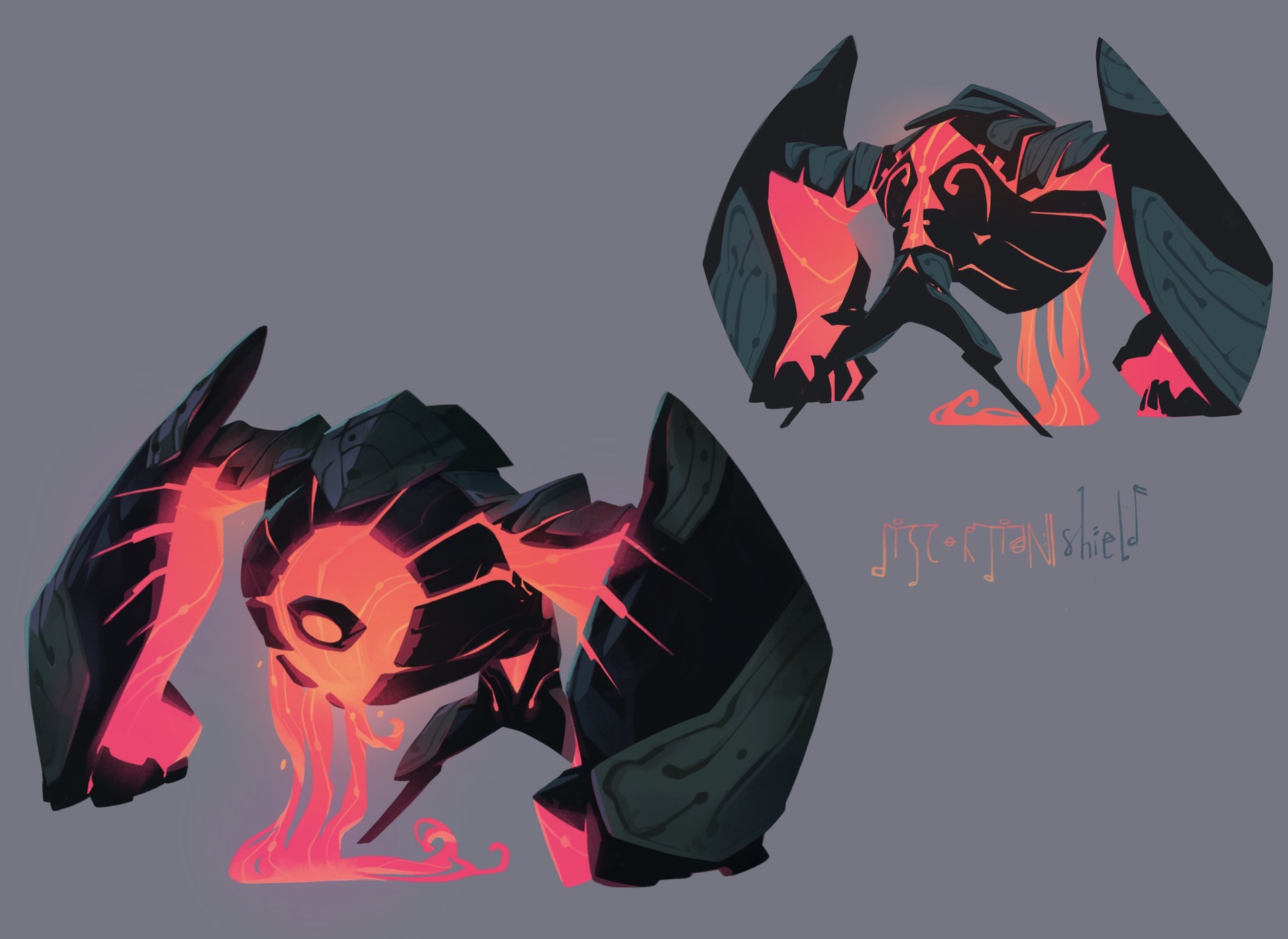 the image showcases two different angles of a creature design, likely a golem or elemental being. it's primarily composed of dark, textured rocks with glowing cracks filled with molten lava. the creature possesses a large, rounded core that emanates the most intense heat and light. the overall style is stylized and suggestive of animation or video game art.