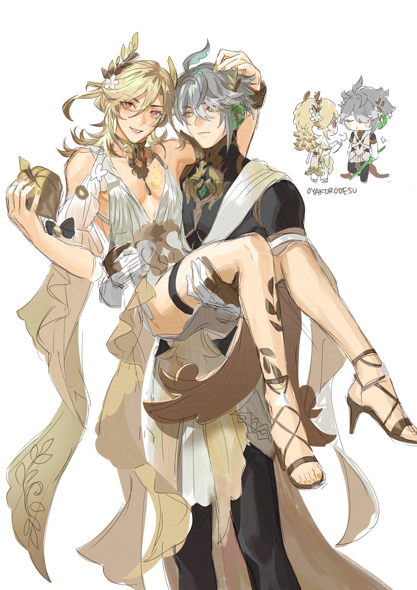 this is a fanart of aether and lumine from genshin impact.  aether is carrying lumine bridalstyle.  both are dressed in elegant, flowing attire, suggesting a wedding or formal occasion.  smaller chibi versions of aether and lumine are also depicted in the upper right corner. the art style is soft and romantic, emphasizing the sibling bond between the two characters. the overall mood is light and airy.