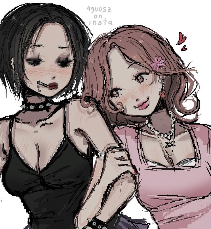 the image is a digital drawing or illustration depicting two animestyle girls. one has a darker, goth aesthetic with black clothing, a choker, and darker hair, while the other has a softer, pastel look with pink clothing and lighter hair. they are embracing and appear close, suggesting a relationship of friendship or romance.  the art style is a mix of soft and harsh lines, giving a slightly grunge or sketchy feel. the background is plain white. there are small hearts and a text credit for the artist ("49uusz on insta") in the upper portion of the image.