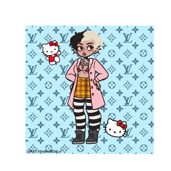 the image depicts a cartoon illustration of a girl with black and white splitdye hair, wearing a pink coat, plaid skirt, and striped leggings. she has a tattoo on her chest and is standing with her hands on her hips. two hello kitty characters are present, one floating on the left and another headonly version on the bottom right. the background is a light blue with a repeating louis vuitton logo pattern. the artist's handle "@rileydixondesign" is visible in the bottom left corner.