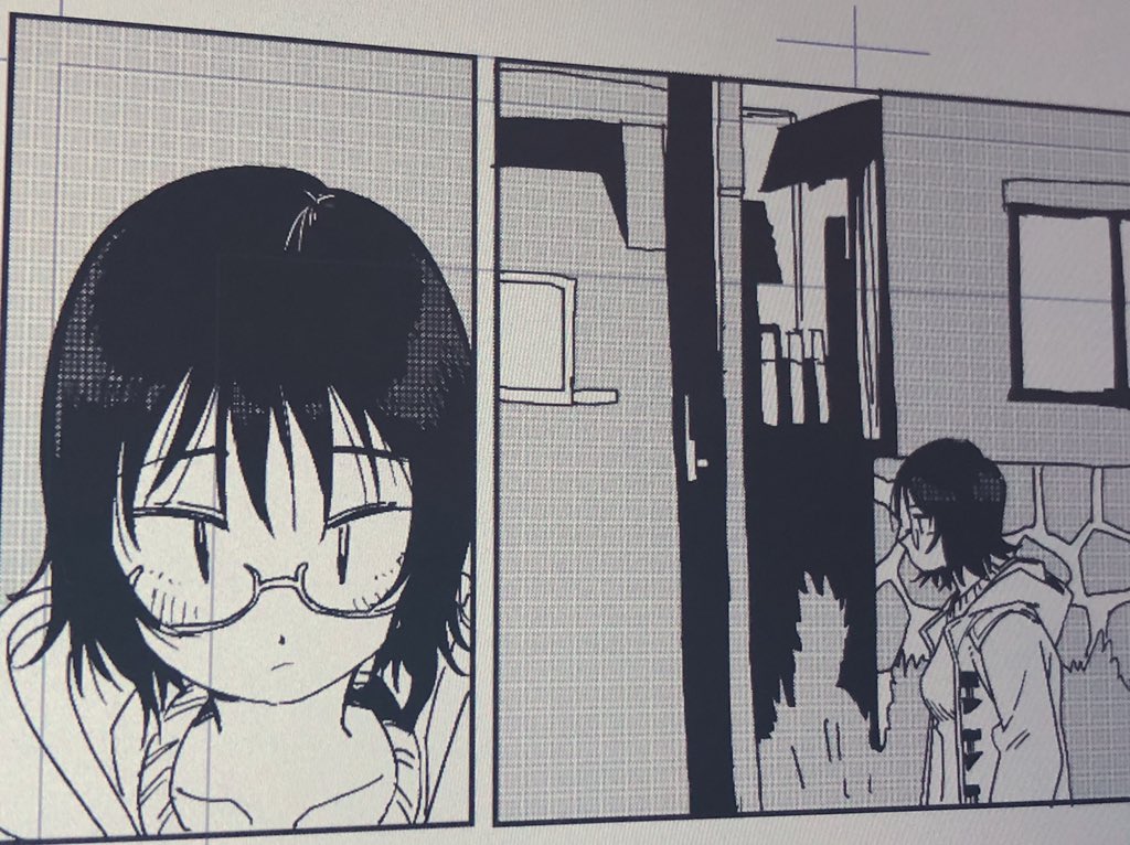 the image shows a twopanel manga page. the first panel features a closeup of a girl with short black hair and glasses. she appears slightly annoyed or unimpressed. the second panel shows a different angle, likely from the girl's perspective, of a person with a backpack walking through a doorway. the style is distinctly manga with sharp lines and high contrast shading. both panels suggest an urban setting.