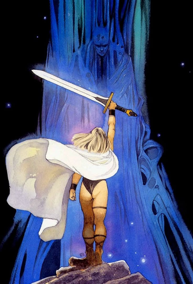 a fantasy illustration depicting a woman with blonde hair, wearing a minimal outfit and a white cape, standing on a rocky outcrop and holding a sword aloft. behind her is a towering, ethereal blue figure and swirling patterns, with a dark background suggesting night or space. the artwork has a comic book or fantasy art style.