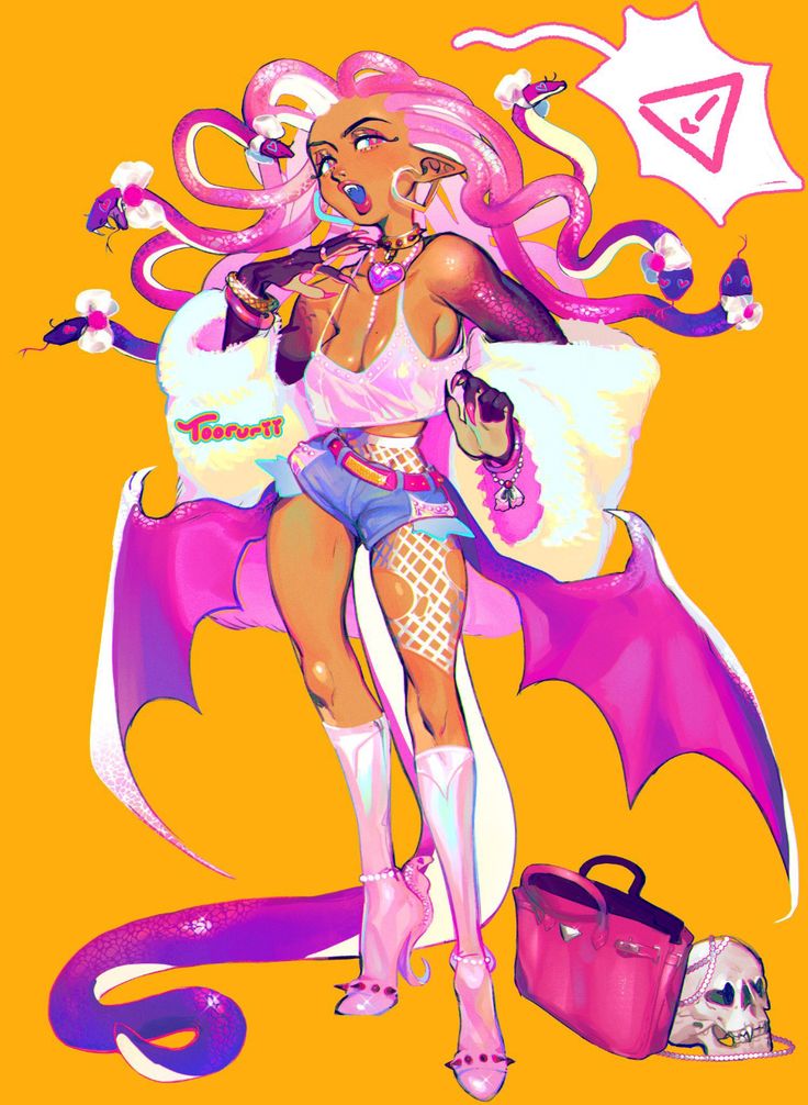 the image is a digital illustration of a stylized gorgon or medusa character. she's depicted in a vibrant, almost neon color palette of pinks, purples, and oranges.  her hair is a mass of pink snakes, and she has batlike wings. she's dressed in a trendy, almost gothinspired outfit featuring short denim shorts, a pink top, a fluffy white coat, and high pink heels.  she's holding a small handbag, and a skull with a pearl necklace rests near her feet. a small warning sign is visible in the upper right corner. the overall style is a blend of anime and fantasy, with a focus on bright, eyecatching colors and a slightly provocative pose.