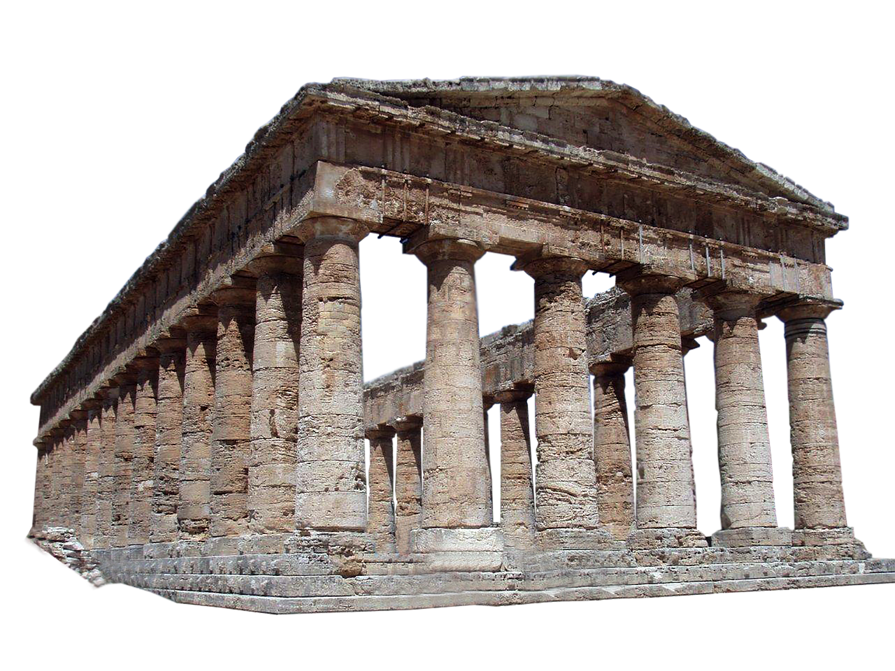 a closeup image of the ancient temple of segesta, featuring its doric order columns and wellpreserved stone structure, set against a black background. the architectural details are highlighted, showcasing the temple's historical significance as a classical ruin.