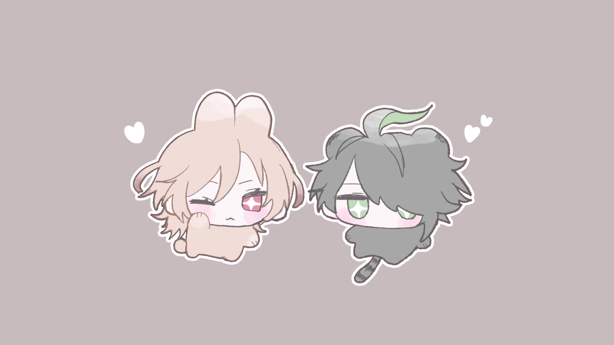 the image is a digital drawing of two chibistyle characters. the character on the left resembles a bunny with light brown hair and ears, and is drawn in a cute and cuddly way. the character on the right has dark hair, resembling a cat, with a leaflike detail on its head.  both characters are drawn with soft, pastel colors and have large, expressive eyes. they are positioned side by side, suggesting a friendly or romantic relationship. the background is a simple, light purplegrey.  hearts are subtly placed near the characters to add a sense of affection. the style is distinctly reminiscent of anime and manga.