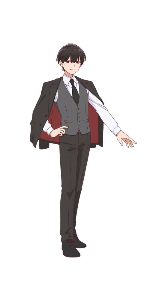 this is an anime style illustration of a boy wearing a black suit with a white shirt, a red and grey vest and a black tie, he's smiling with a happy expression.