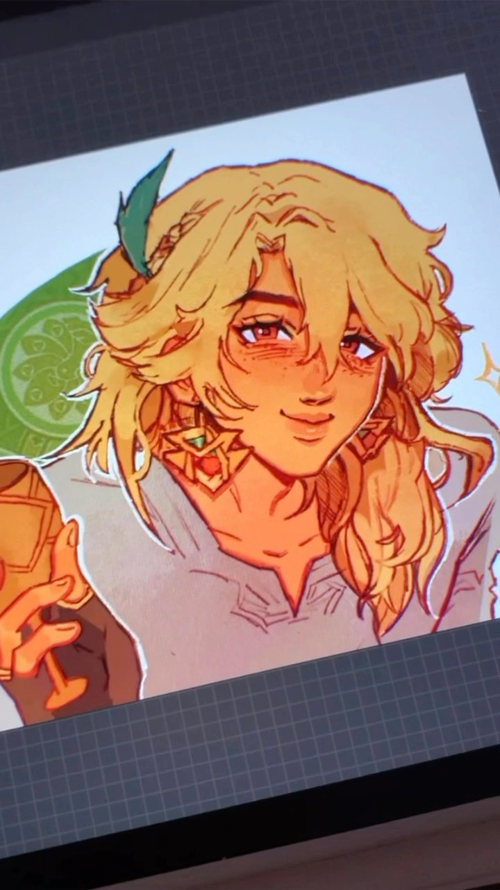 the image is a closeup shot of a digital drawing displayed on a drawing tablet screen. the drawing is a stylized portrait of a young adult character with long, blonde hair, orange skin, and freckles. the character is smiling and holding a goblet. they are adorned with gold jewelry, including earrings and a necklace featuring a celestialstyle design. the art style is semirealistic with warm, vibrant colors.  the background behind the character features a faint green circular design. the drawing tablet's grid is visible in the bottom portion of the picture.