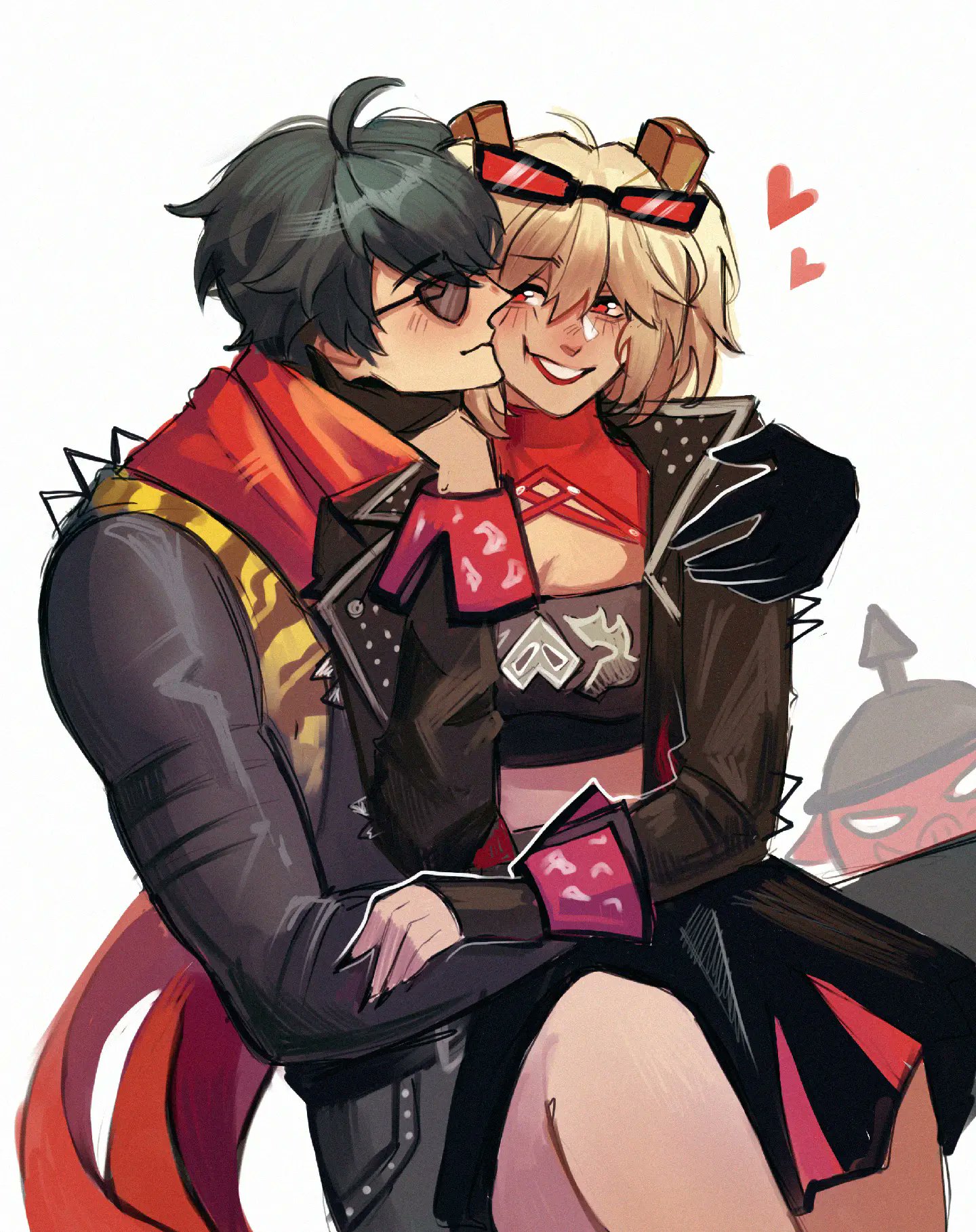 the image is a digital drawing or fanart depicting a romantic scene between an animestyle couple.  a darkhaired man with sunglasses is embracing a blondehaired woman, who appears to be blushing and smiling, as he kisses her cheek.  both are dressed in punkrock inspired clothing; the man in a dark leather jacket and red scarf and the woman in a red and black leather jacket and a short black skirt.  the artwork is stylized and vibrant, with a focus on the affection displayed between the characters. hearts float in the background, enhancing the romantic mood.  a small, red, vaguely menacing character is visible in the background.