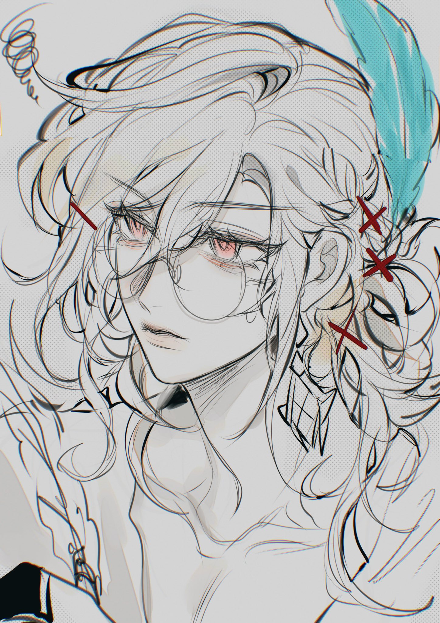 he image is a stylized drawing of a young animestyle woman with long white hair. she's wearing round glasses and a feather is tucked into her hair, secured by what looks like red stitches or markings.  the art style is a blend of sketch and paint, with soft shading and lines that are both delicate and expressive. her expression is somewhat serious or pensive. the background is a simple, light gray.