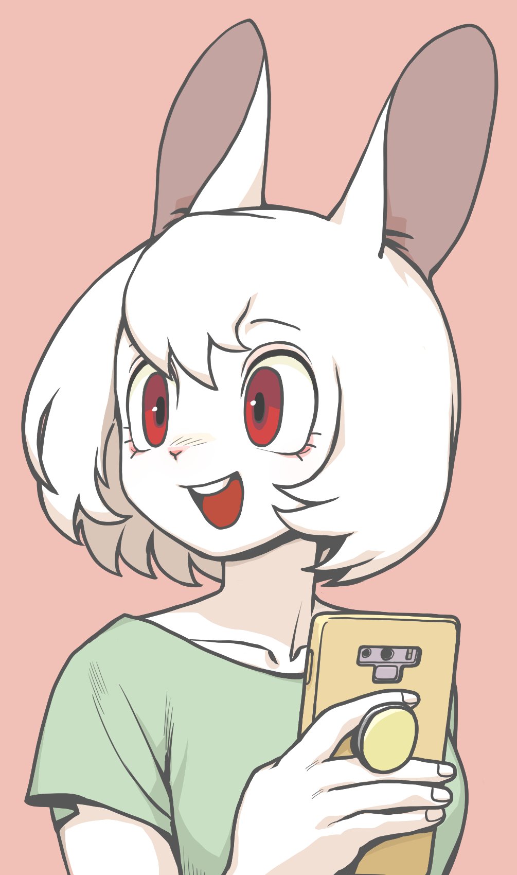 a happy anime girl with white fur and rabbit ears with a phone in her hand. she has red eyes and a big smile. her phone is yellow and has a ring holder. she is wearing a green shirt. the background is pink.